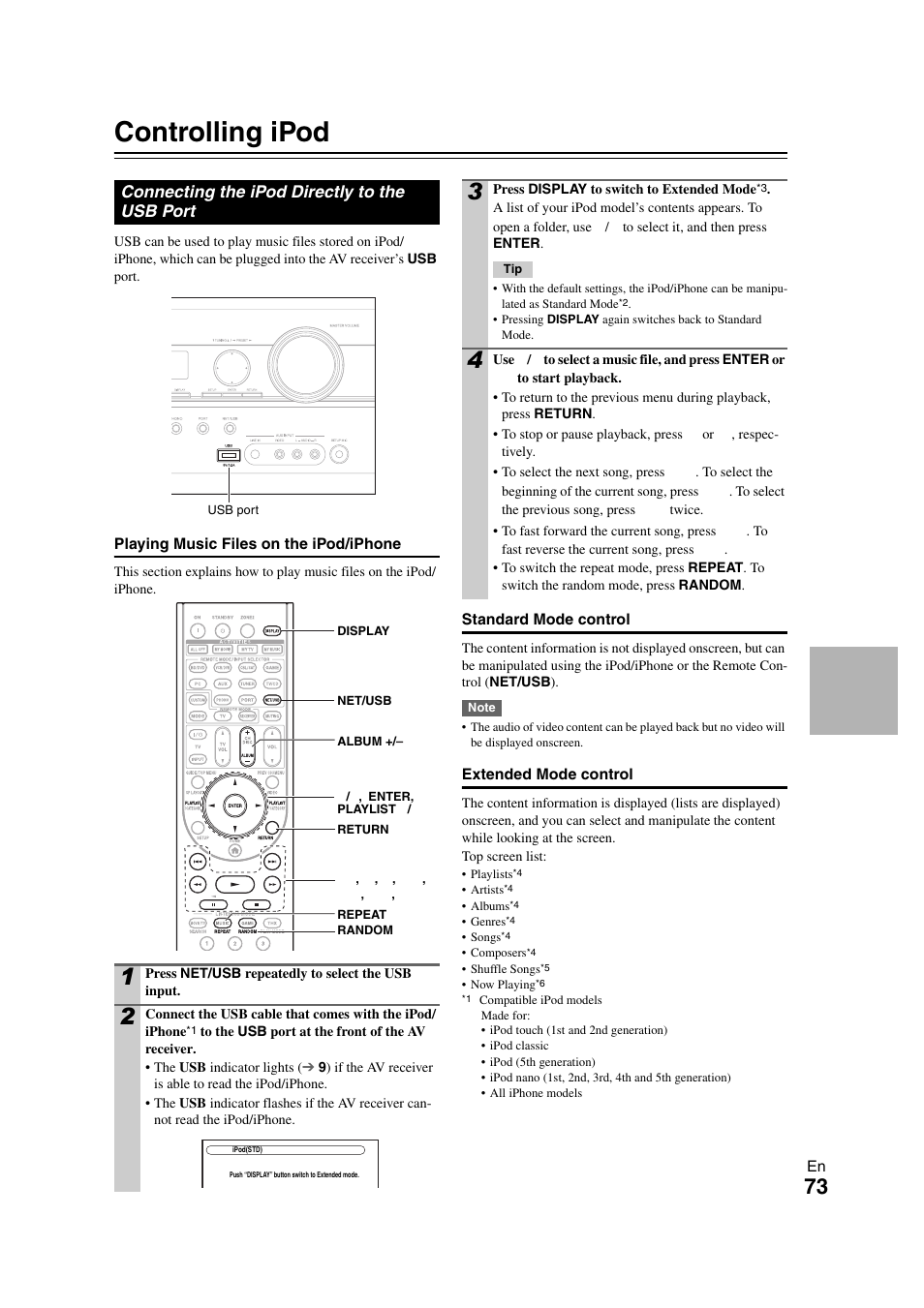 Controlling ipod & other components, Controlling ipod, Connecting the ipod directly to the usb port | Controlling ipod & other, Components | Onkyo TX-NR708 User Manual | Page 73 / 96