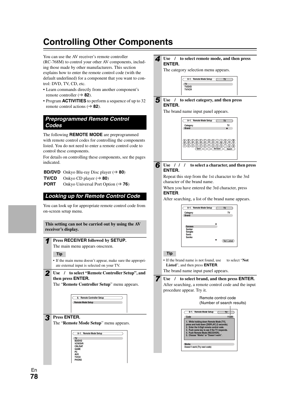Controlling other components, Preprogrammed remote control codes, Looking up for remote control code | Onkyo TX-NR708 User Manual | Page 78 / 96