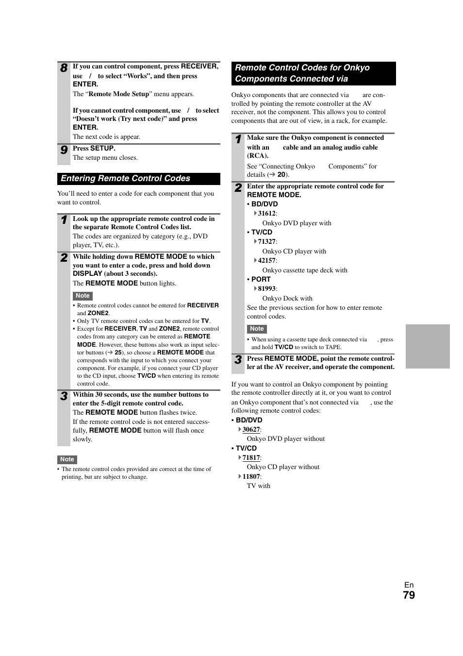 Entering remote control codes, Onkyo components connected via, E “entering remote control codes” f | See “entering remote control codes” for details | Onkyo TX-NR708 User Manual | Page 79 / 96