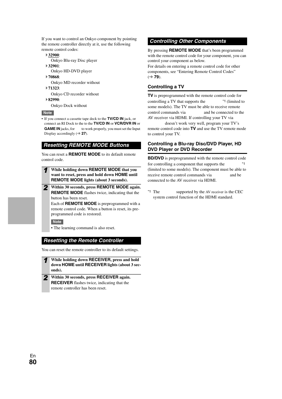 Resetting remote mode buttons, Resetting the remote controller, Controlling other components | Onkyo TX-NR708 User Manual | Page 80 / 96