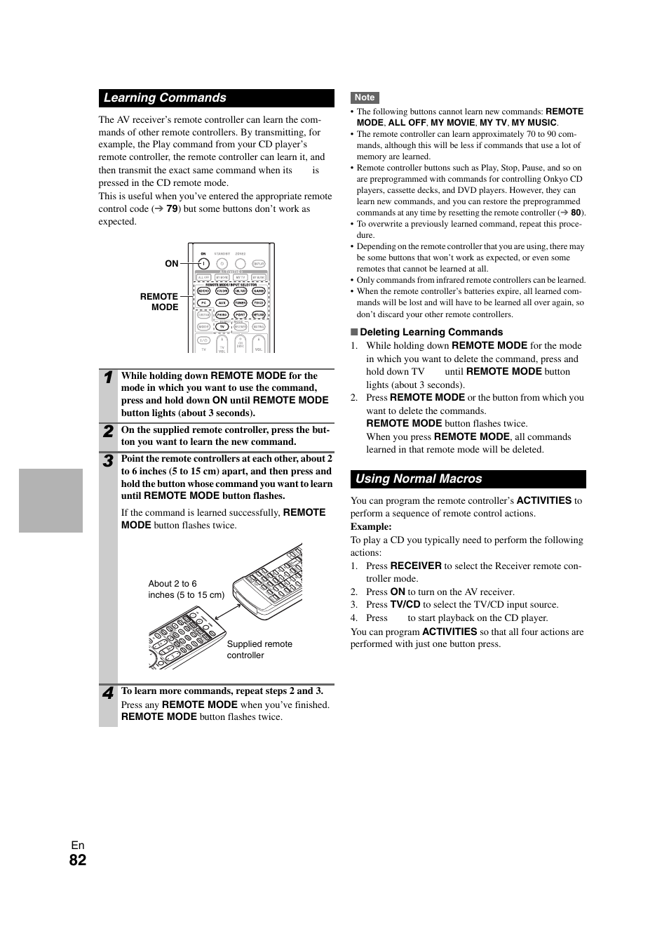 Learning commands, Using normal macros, Learning commands using normal macros | Remote controller, Remote control actions | Onkyo TX-NR708 User Manual | Page 82 / 96
