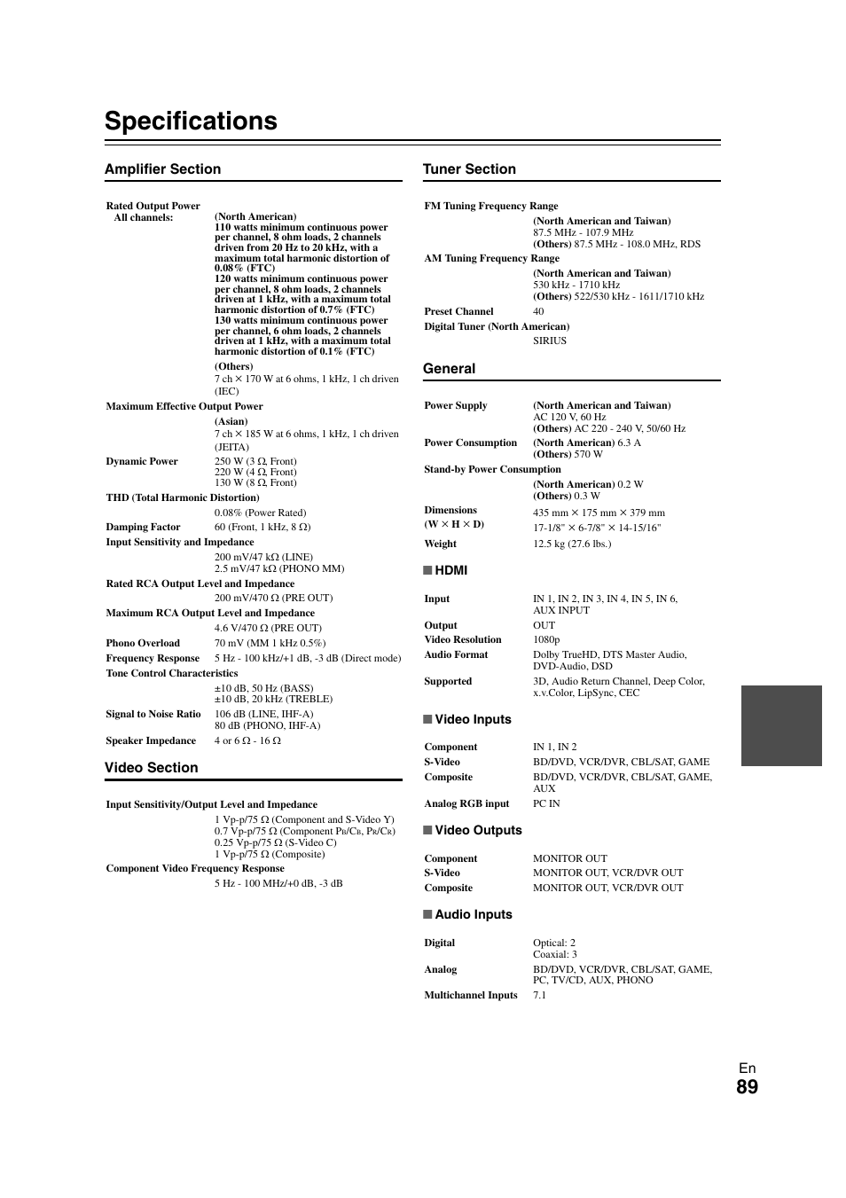 Specifications | Onkyo TX-NR708 User Manual | Page 89 / 96