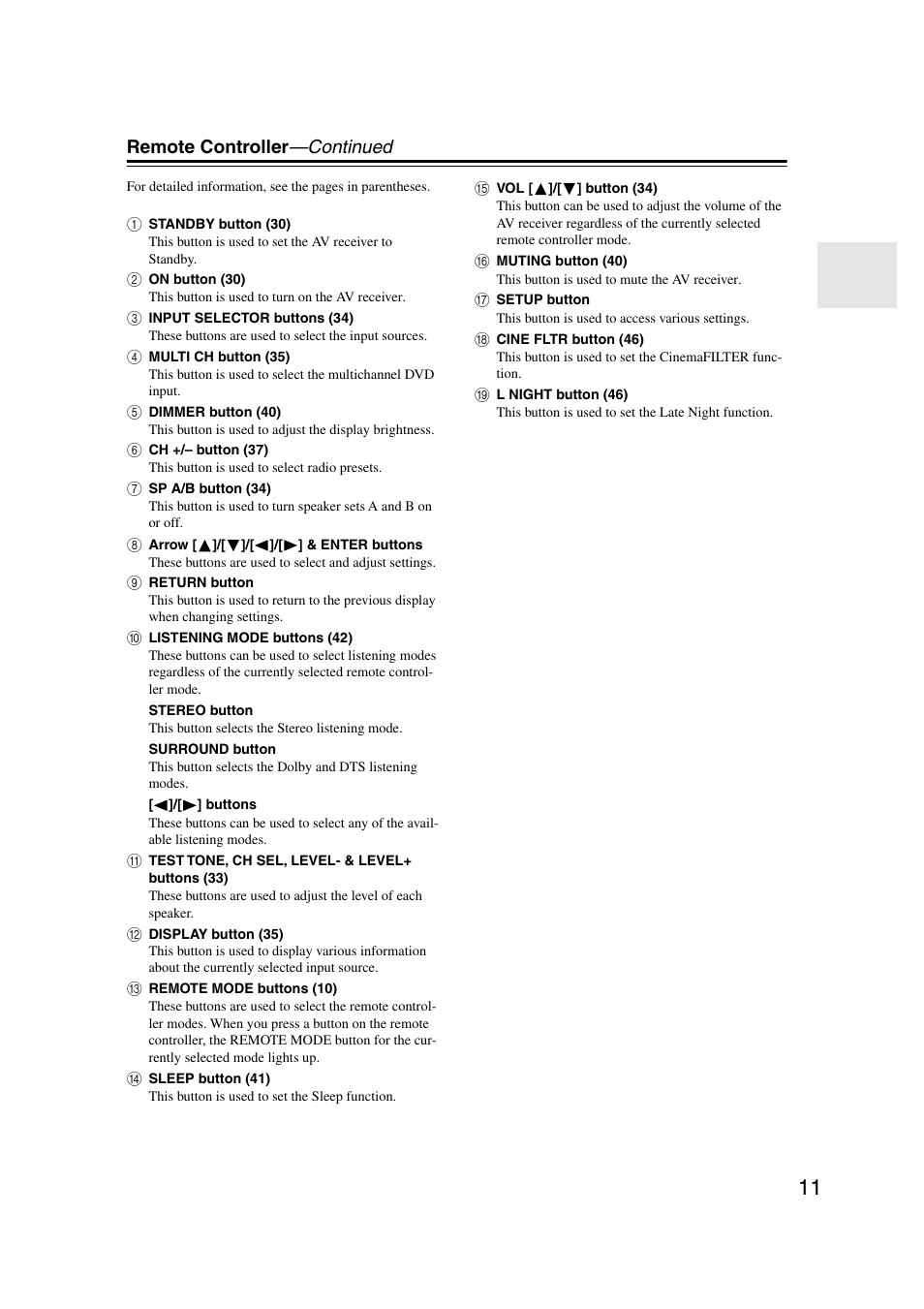 Remote controller —continued | Onkyo TX-SR303 User Manual | Page 11 / 56