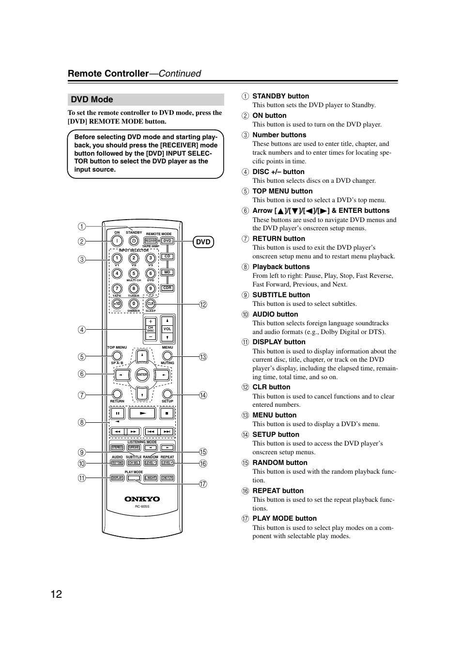 Dvd mode, Remote controller —continued, On p j k | Onkyo TX-SR303 User Manual | Page 12 / 56