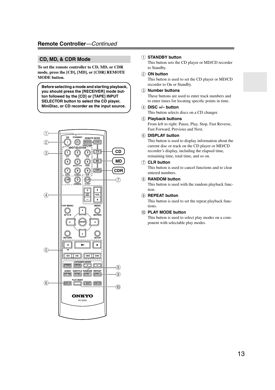 Cd, md, & cdr mode, Remote controller —continued, Bg f e 8 c d a | Cd md cdr | Onkyo TX-SR303 User Manual | Page 13 / 56