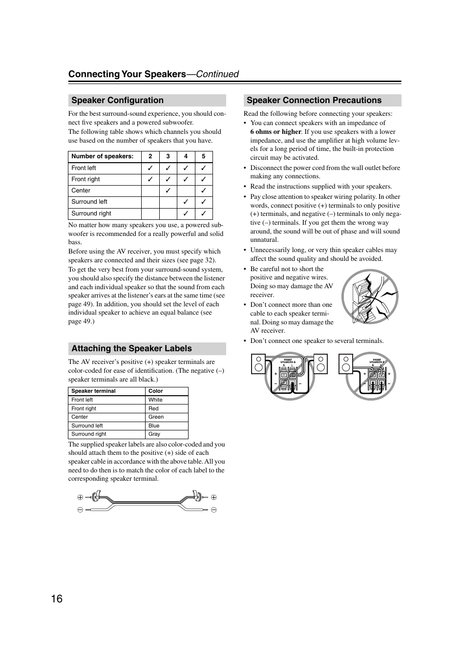 Speaker configuration, Attaching the speaker labels, Speaker connection precautions | Connecting your speakers —continued | Onkyo TX-SR303 User Manual | Page 16 / 56