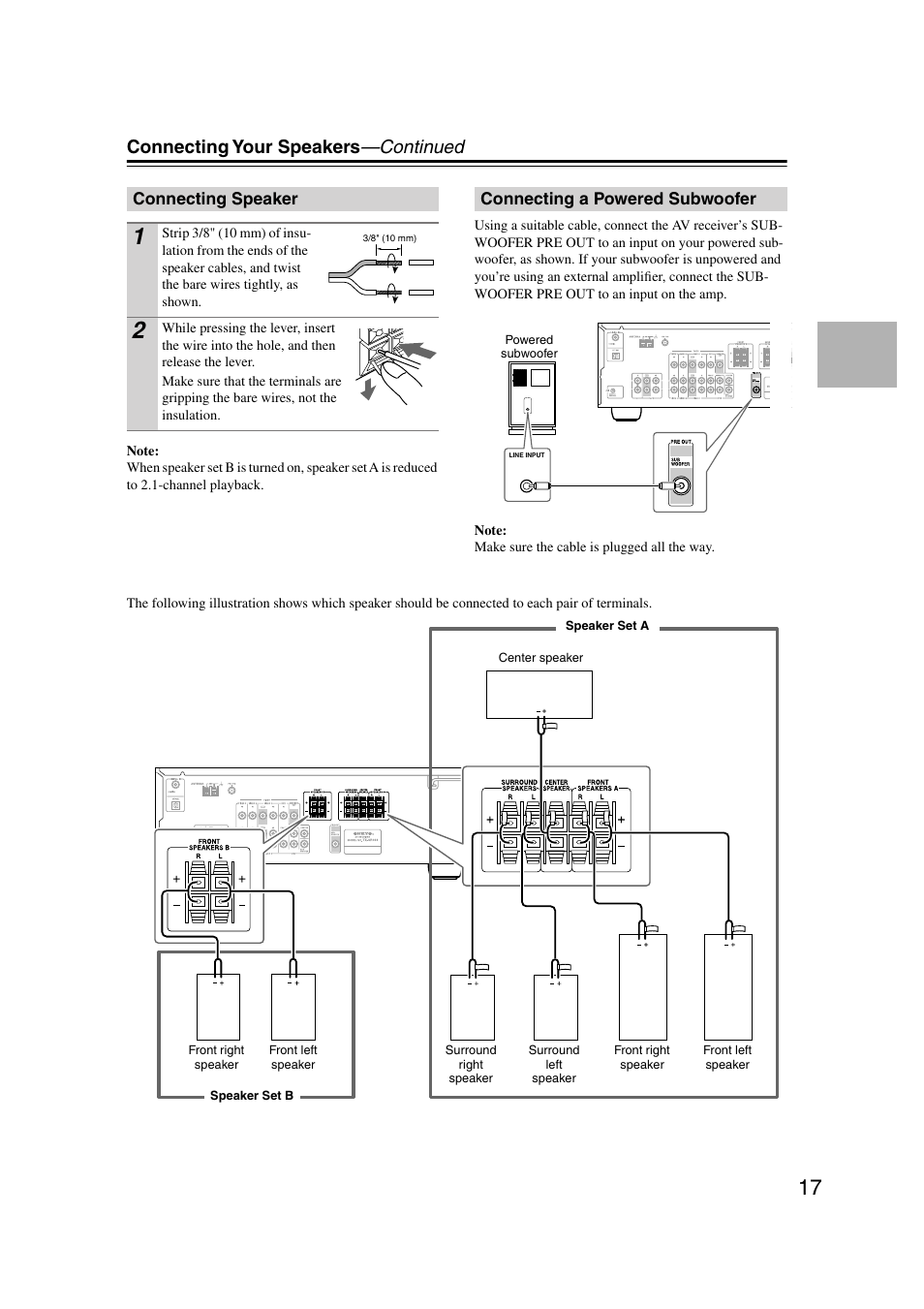 Connecting speaker, Connecting a powered subwoofer, Connecting your speakers —continued | Onkyo TX-SR303 User Manual | Page 17 / 56