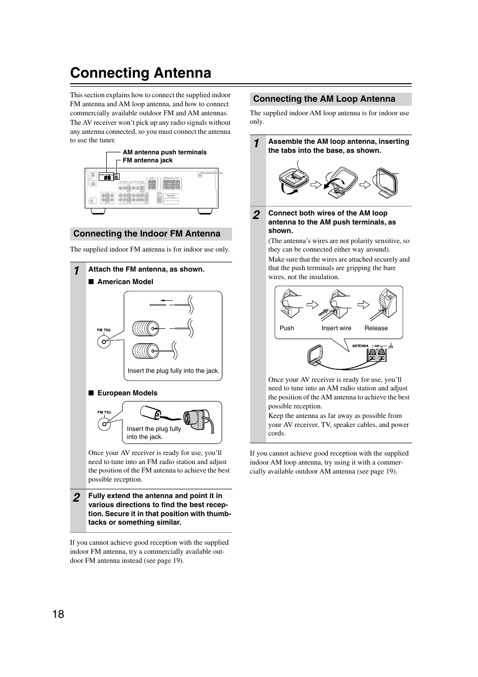 Connecting antenna, Connecting the indoor fm antenna, Connecting the am loop antenna | Onkyo TX-SR303 User Manual | Page 18 / 56