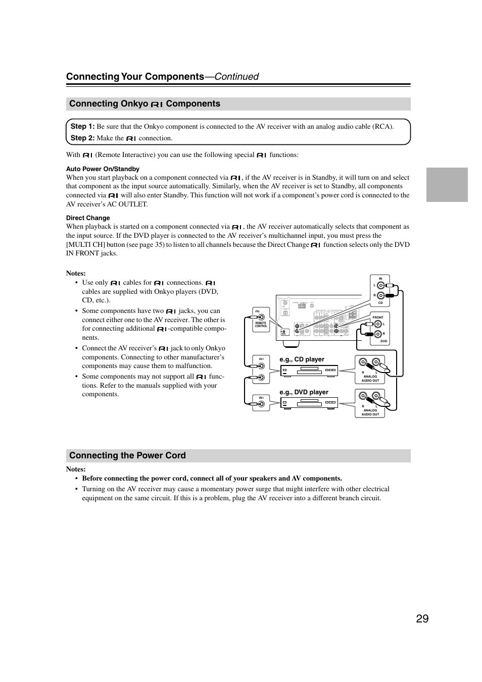 Connecting onkyo components, Connecting the power cord, Connecting your components —continued | Onkyo TX-SR303 User Manual | Page 29 / 56