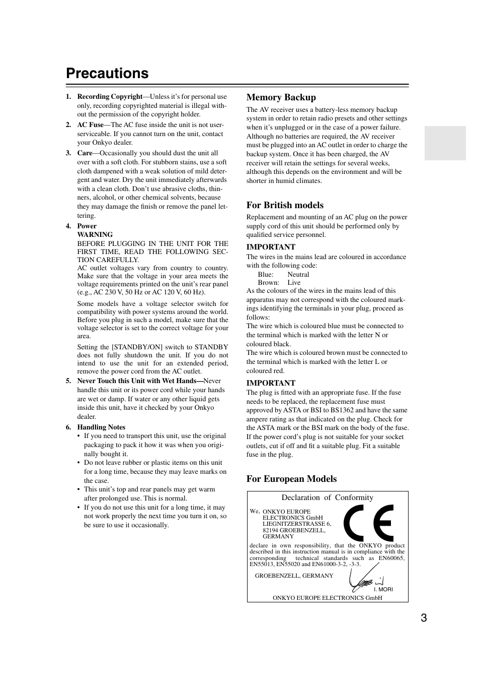 Precautions, For british models, For european models | Onkyo TX-SR303 User Manual | Page 3 / 56