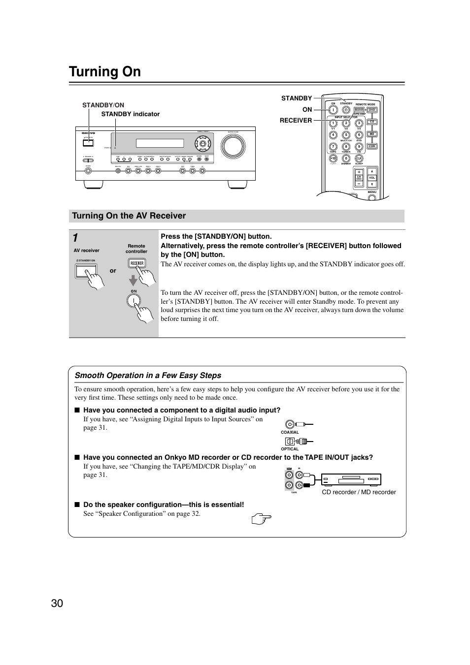 Turning on, Turning on the av receiver, Turning on & first time setup | Utton (30), Andby indicator (30), Smooth operation in a few easy steps, Standby/on, On receiver standby standby indicator, Cd recorder / md recorder | Onkyo TX-SR303 User Manual | Page 30 / 56