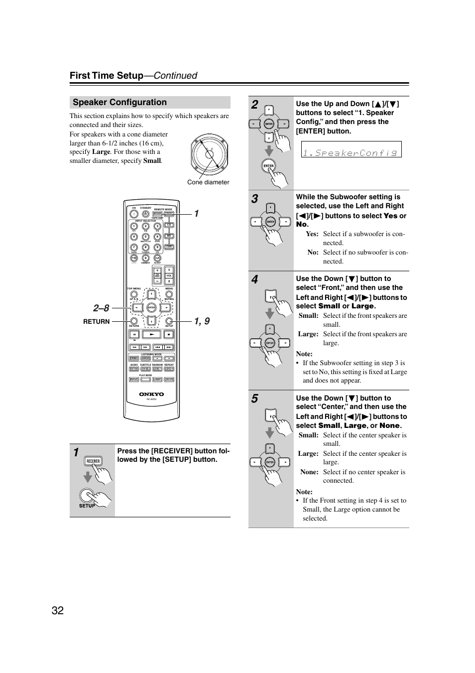 Speaker configuration, First time setup —continued | Onkyo TX-SR303 User Manual | Page 32 / 56