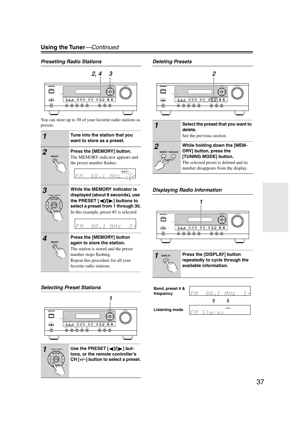 Utton (37), Y (37), Using the tuner —continued | Onkyo TX-SR303 User Manual | Page 37 / 56