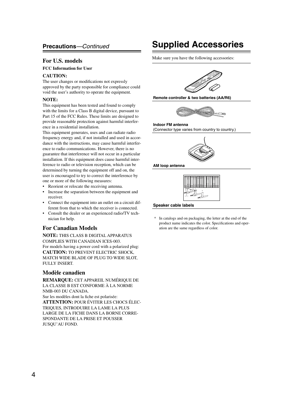 Supplied accessories, Precautions —continued for u.s. models, For canadian models | Modèle canadien, Caution, Remarque, Attention, Fcc information for user, Make sure you have the following accessories, Speaker cable | Onkyo TX-SR303 User Manual | Page 4 / 56