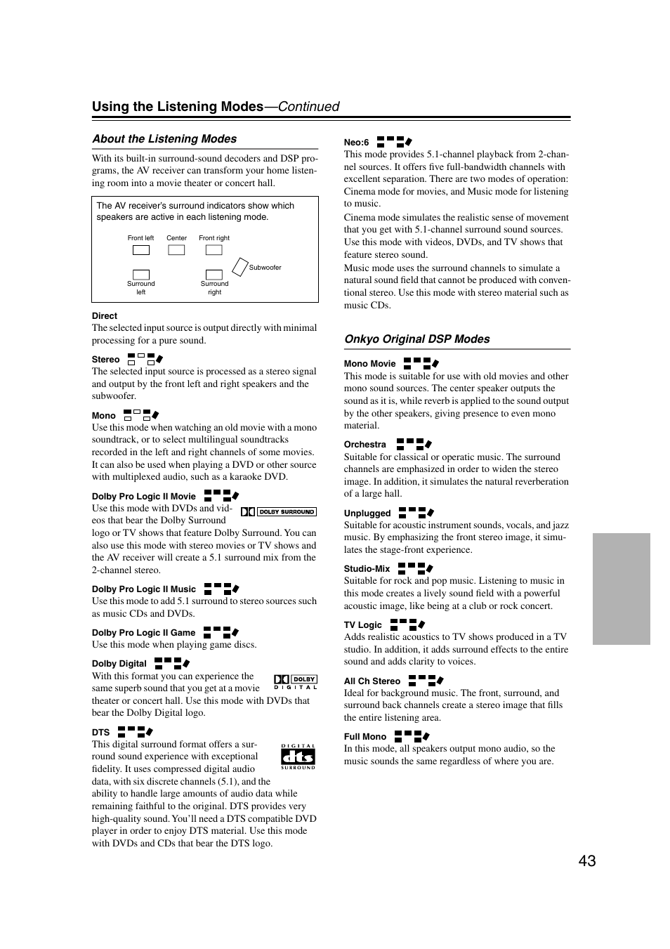S (43), Using the listening modes —continued | Onkyo TX-SR303 User Manual | Page 43 / 56