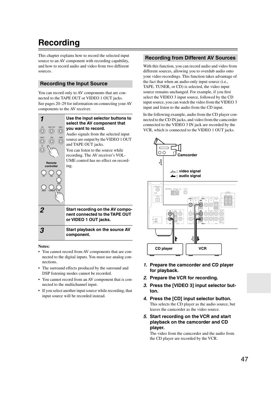 Recording, Recording the input source, Recording from different av sources | Onkyo TX-SR303 User Manual | Page 47 / 56