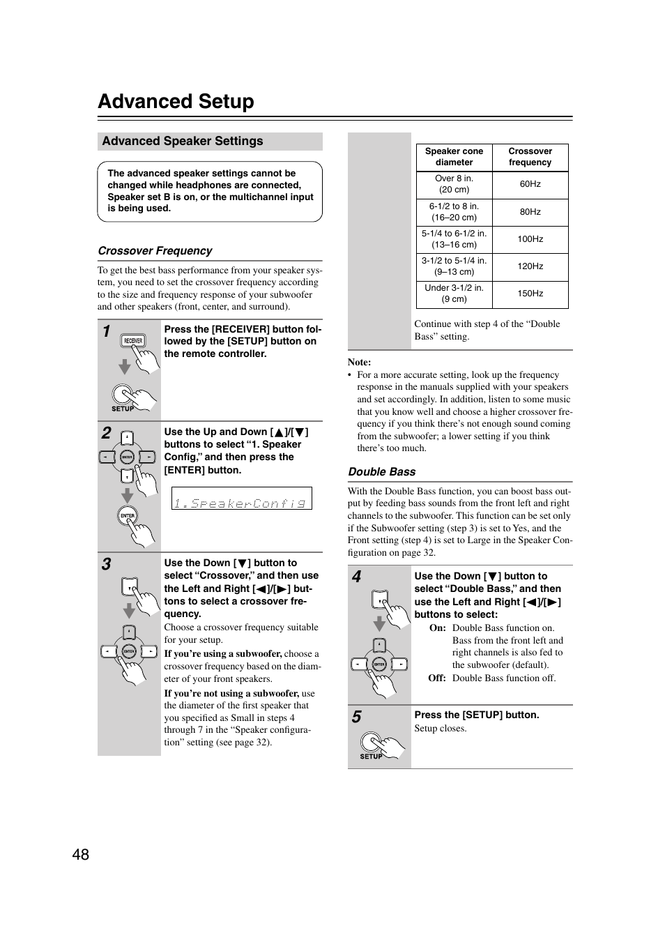Advanced setup, Advanced speaker settings | Onkyo TX-SR303 User Manual | Page 48 / 56