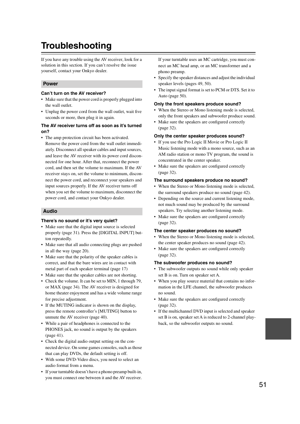 Troubleshooting | Onkyo TX-SR303 User Manual | Page 51 / 56