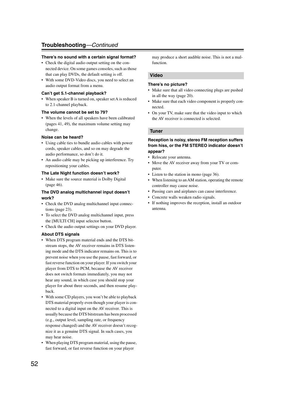 Troubleshooting —continued | Onkyo TX-SR303 User Manual | Page 52 / 56