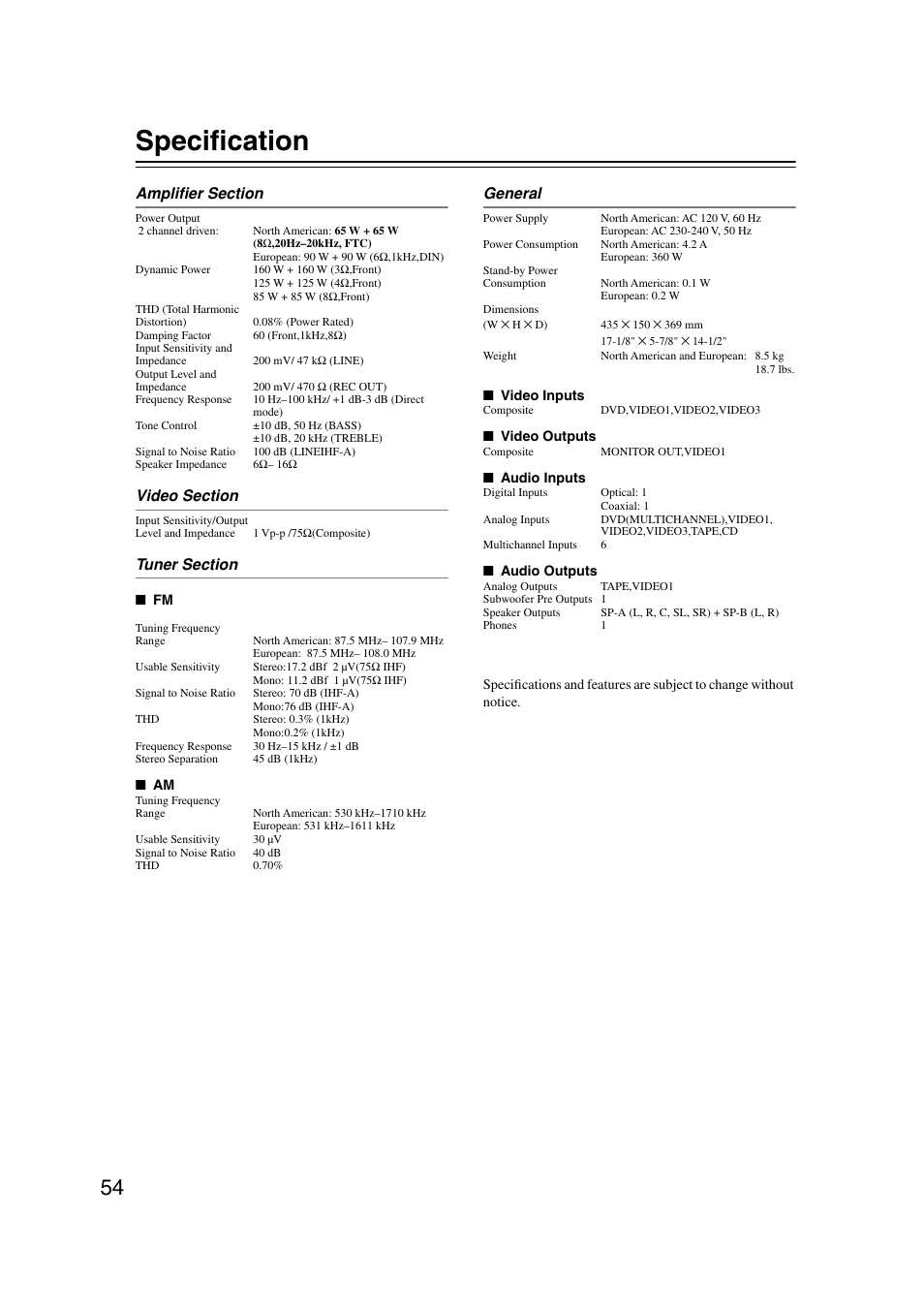Specification | Onkyo TX-SR303 User Manual | Page 54 / 56