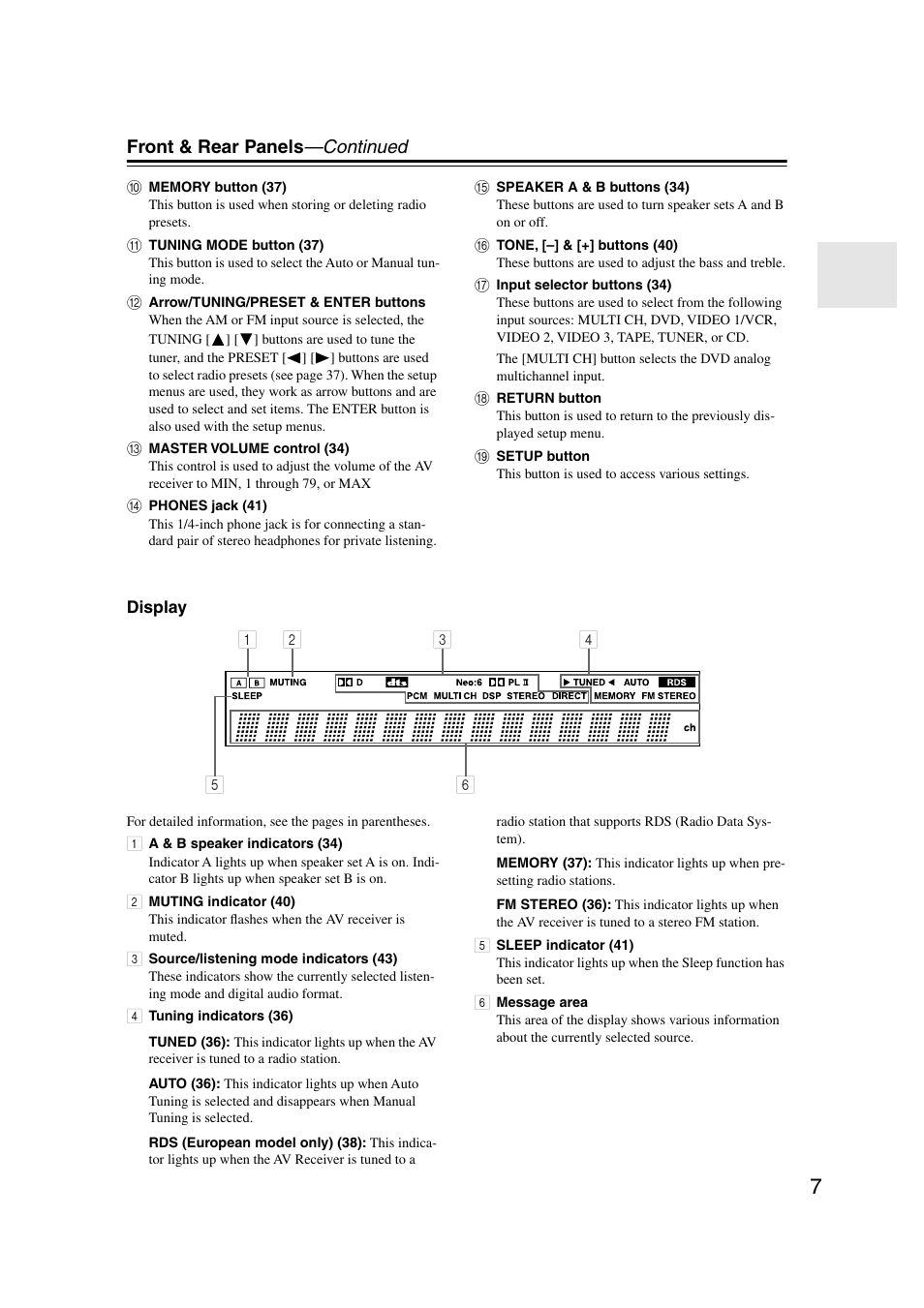 Display, Front & rear panels —continued | Onkyo TX-SR303 User Manual | Page 7 / 56