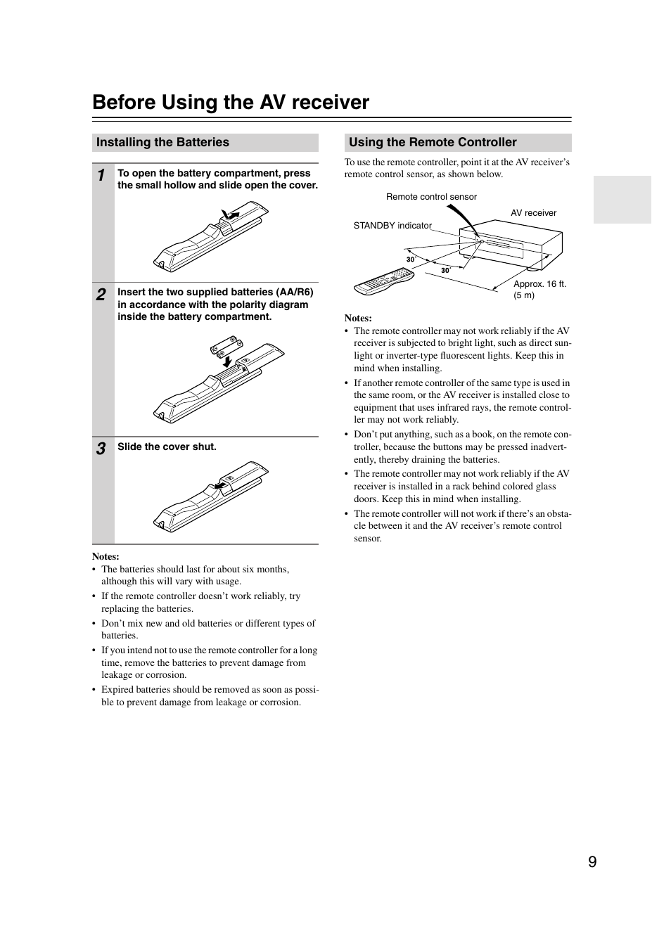 Before using the av receiver, Installing the batteries, Using the remote controller | Ol sensor (9) | Onkyo TX-SR303 User Manual | Page 9 / 56