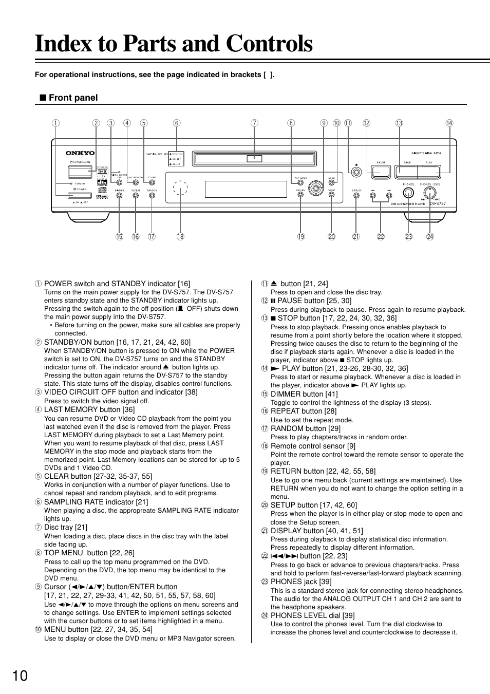 Index to parts and controls | Onkyo DV-S757 User Manual | Page 10 / 64