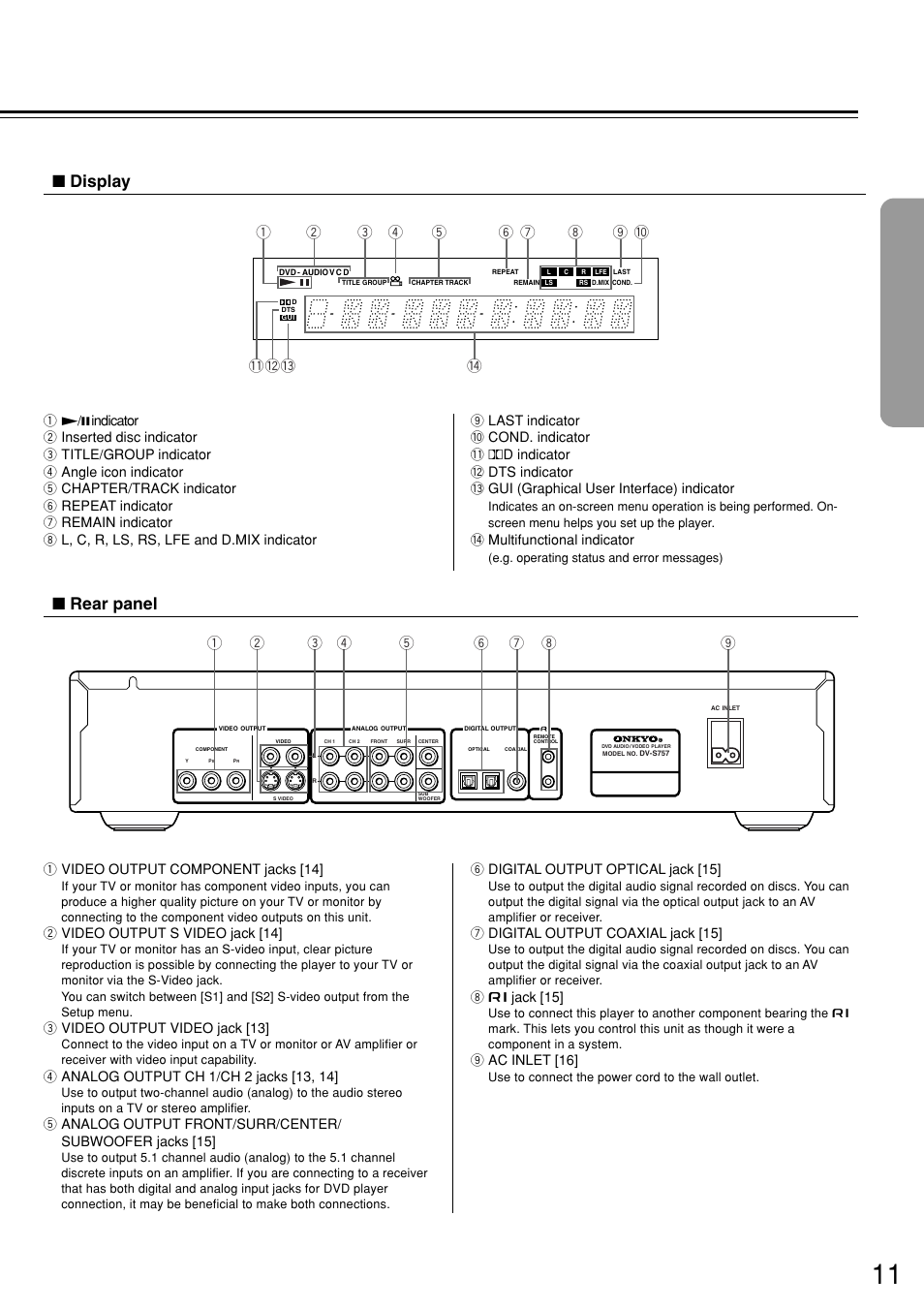 Rear panel ■ display | Onkyo DV-S757 User Manual | Page 11 / 64