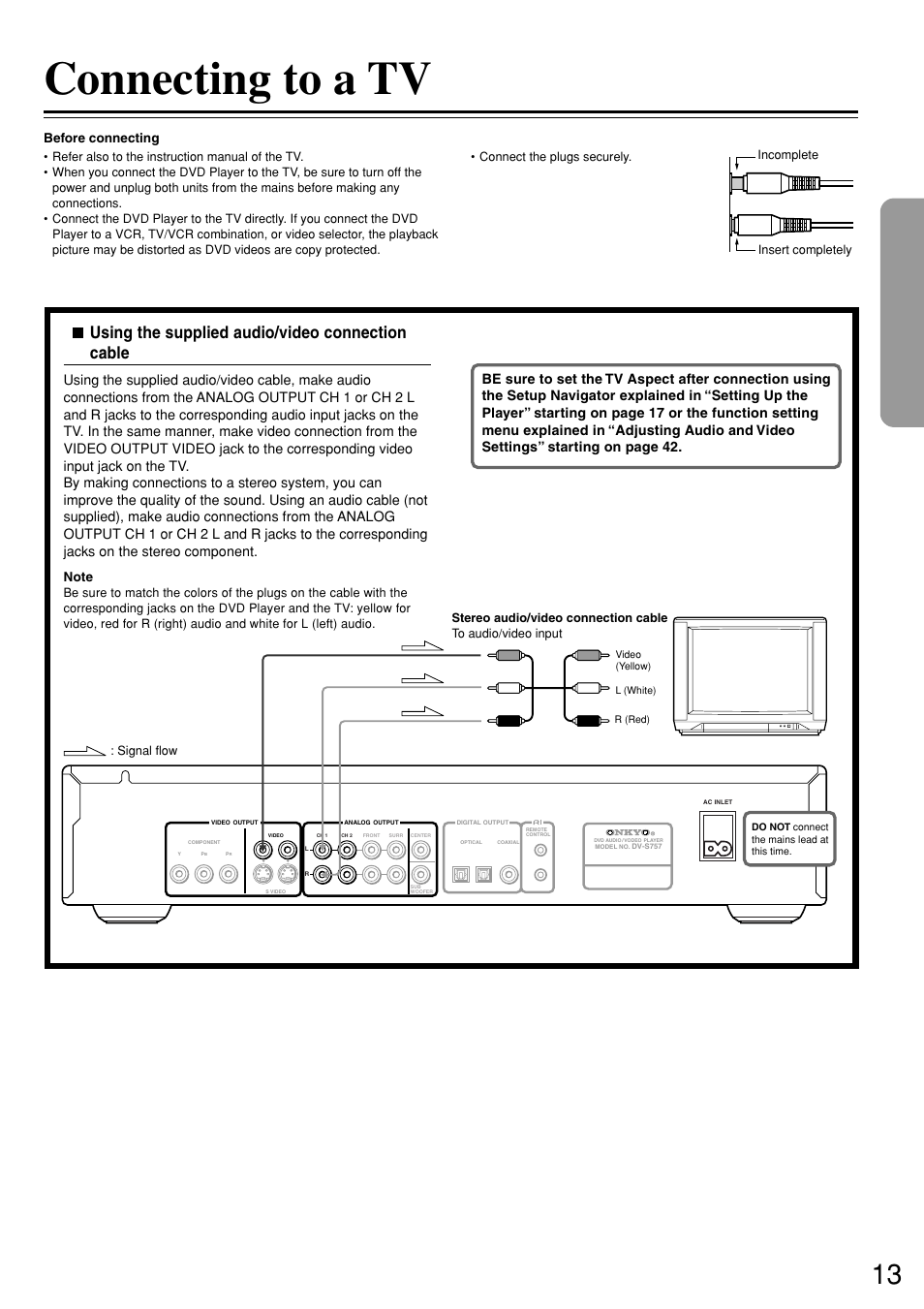 Connecting to a tv, Using the supplied audio/video connection cable, Before connecting | Onkyo DV-S757 User Manual | Page 13 / 64