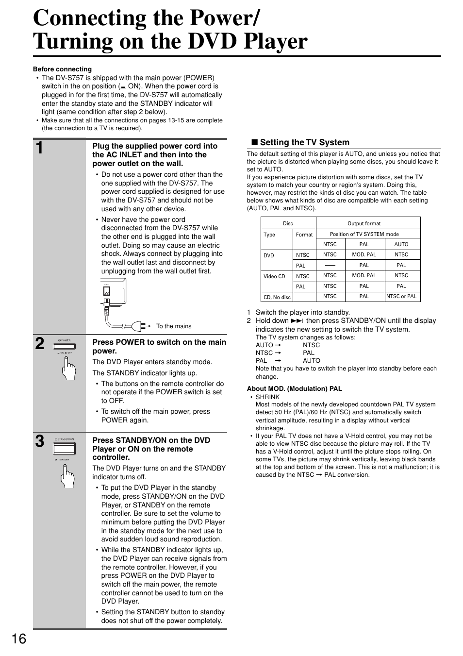 Connecting the power/ turning on the dvd player | Onkyo DV-S757 User Manual | Page 16 / 64