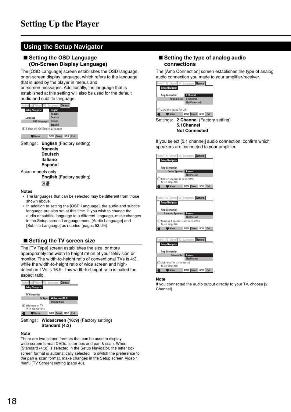 Setting up the player, Using the setup navigator, Setting the tv screen size | Setting the type of analog audio connections | Onkyo DV-S757 User Manual | Page 18 / 64