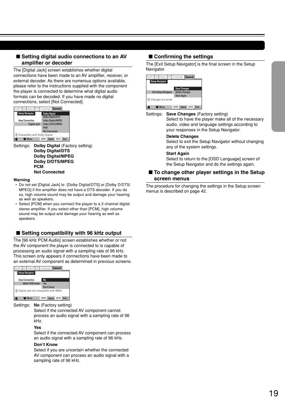 Confirming the settings, Setting compatibility with 96 khz output | Onkyo DV-S757 User Manual | Page 19 / 64