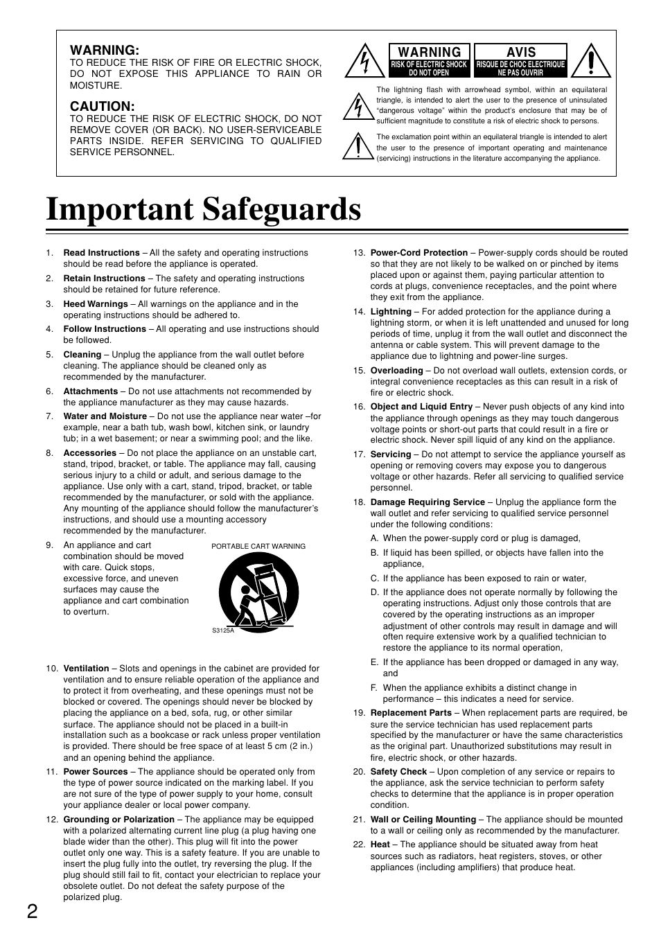 Important safeguards, Warning, Caution | Avis | Onkyo DV-S757 User Manual | Page 2 / 64
