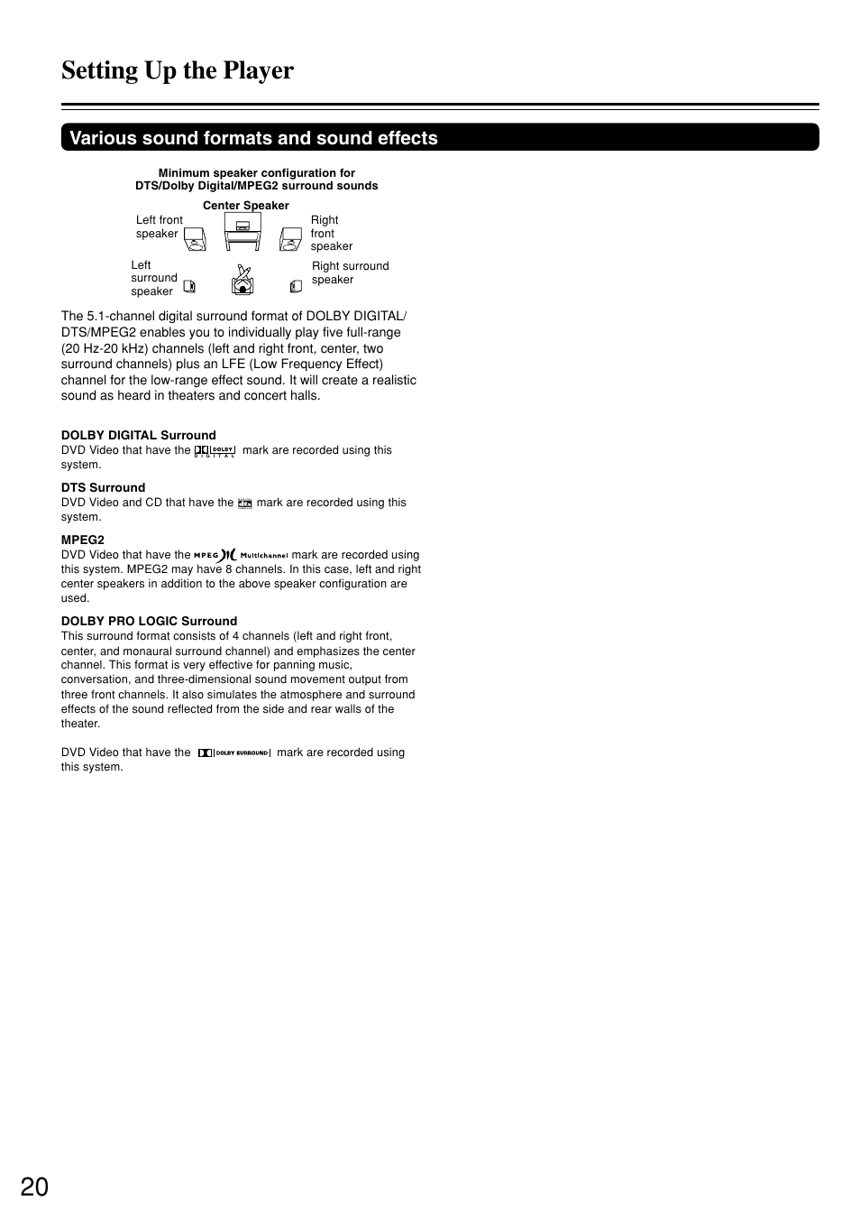 Setting up the player, Various sound formats and sound effects | Onkyo DV-S757 User Manual | Page 20 / 64