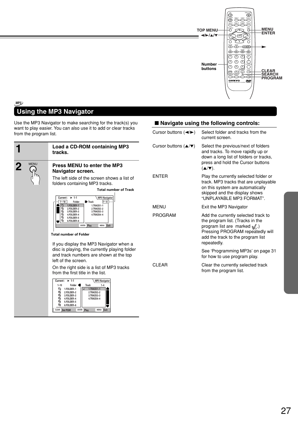 Using the mp3 navigator, Navigate using the following controls | Onkyo DV-S757 User Manual | Page 27 / 64