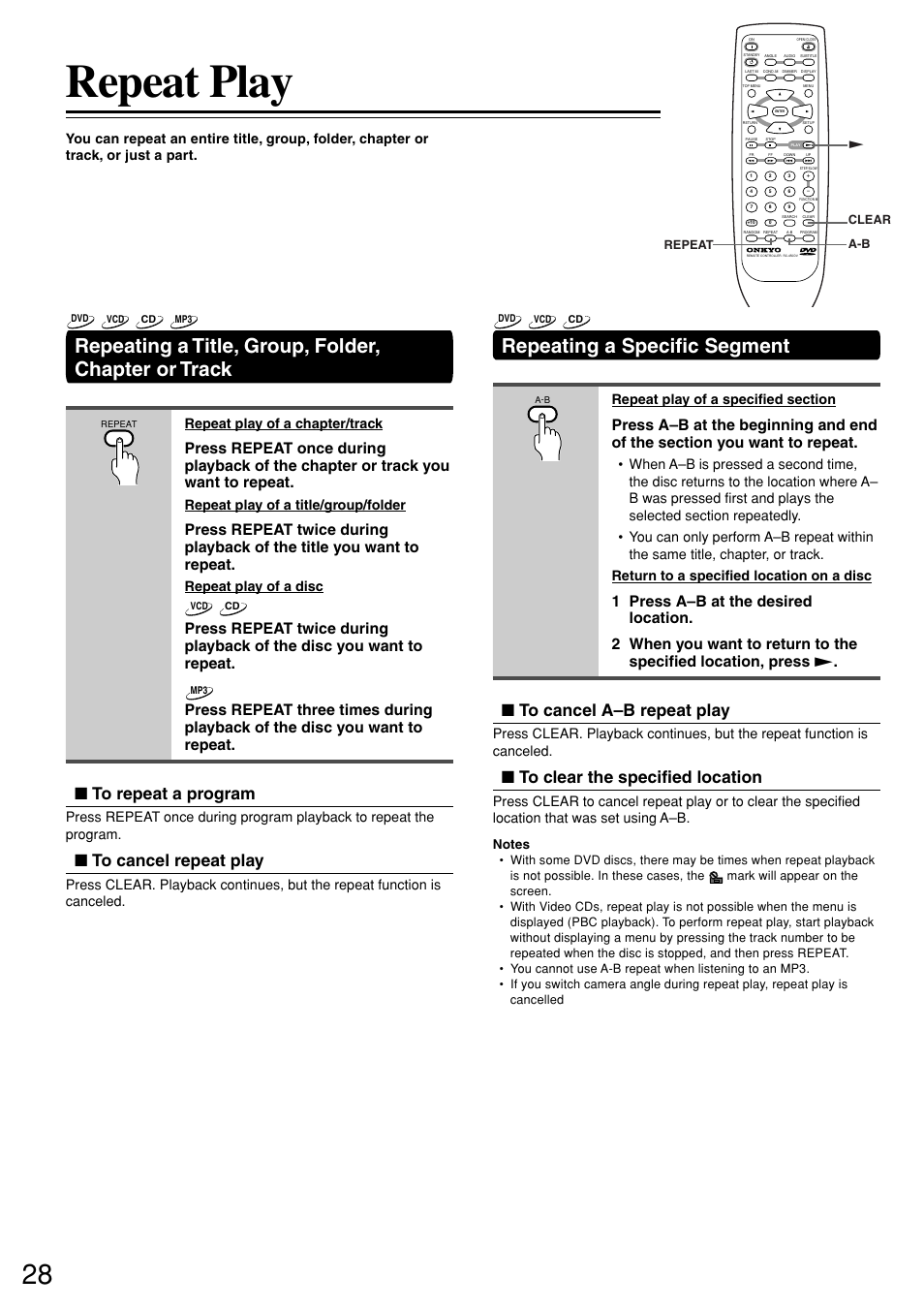 Repeat play, Repeating a title, group, folder, chapter or track, Repeating a specific segment | Repeat play of a chapter/track, Repeat play of a title/group/folder, Repeat play of a disc | Onkyo DV-S757 User Manual | Page 28 / 64