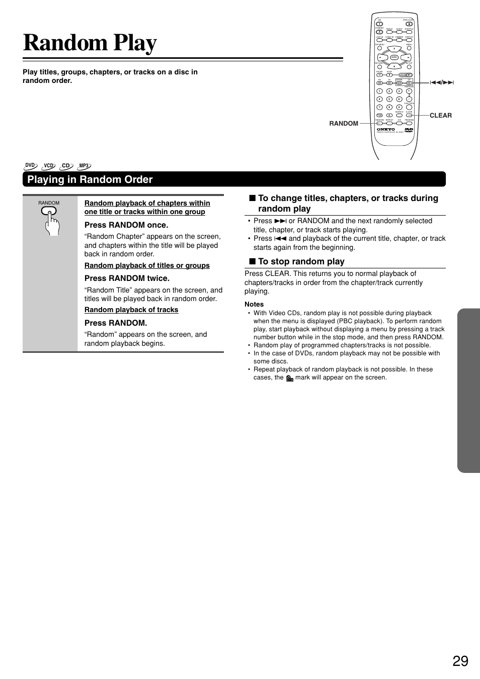 Random play, Playing in random order, Press random once | Press random twice, Press random | Onkyo DV-S757 User Manual | Page 29 / 64