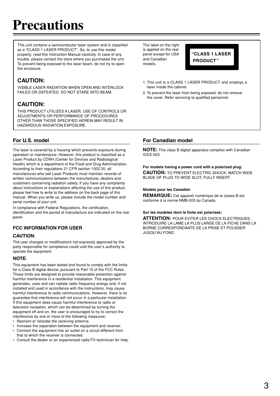 Precautions, Caution | Onkyo DV-S757 User Manual | Page 3 / 64