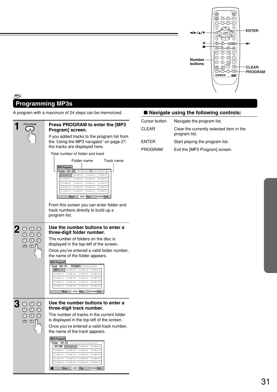 Programming mp3s, Navigate using the following controls, Press program to enter the [mp3 program] screen | Onkyo DV-S757 User Manual | Page 31 / 64