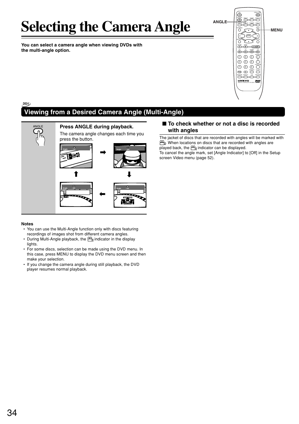 Selecting the camera angle, Viewing from a desired camera angle (multi-angle), Press angle during playback | Menu angle | Onkyo DV-S757 User Manual | Page 34 / 64