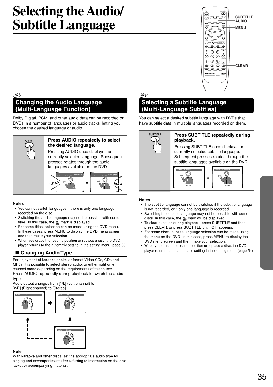 Selecting the audio/ subtitle language, Changing audio type, Press subtitle repeatedly during playback | Subtitle audio menu clear | Onkyo DV-S757 User Manual | Page 35 / 64