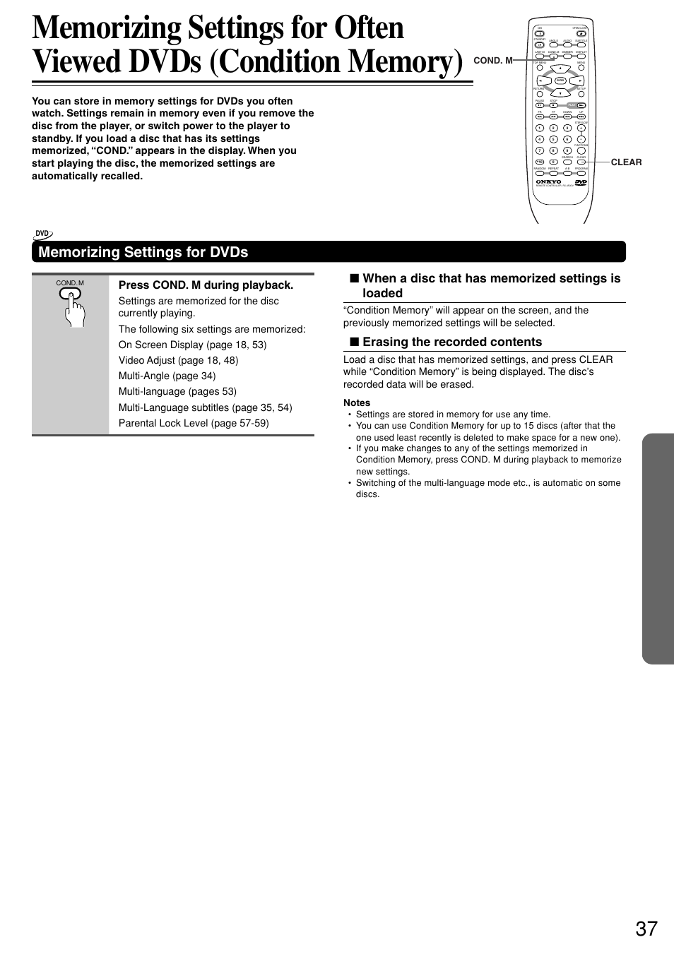 Erasing the recorded contents, Press cond. m during playback, Clear cond. m | Onkyo DV-S757 User Manual | Page 37 / 64
