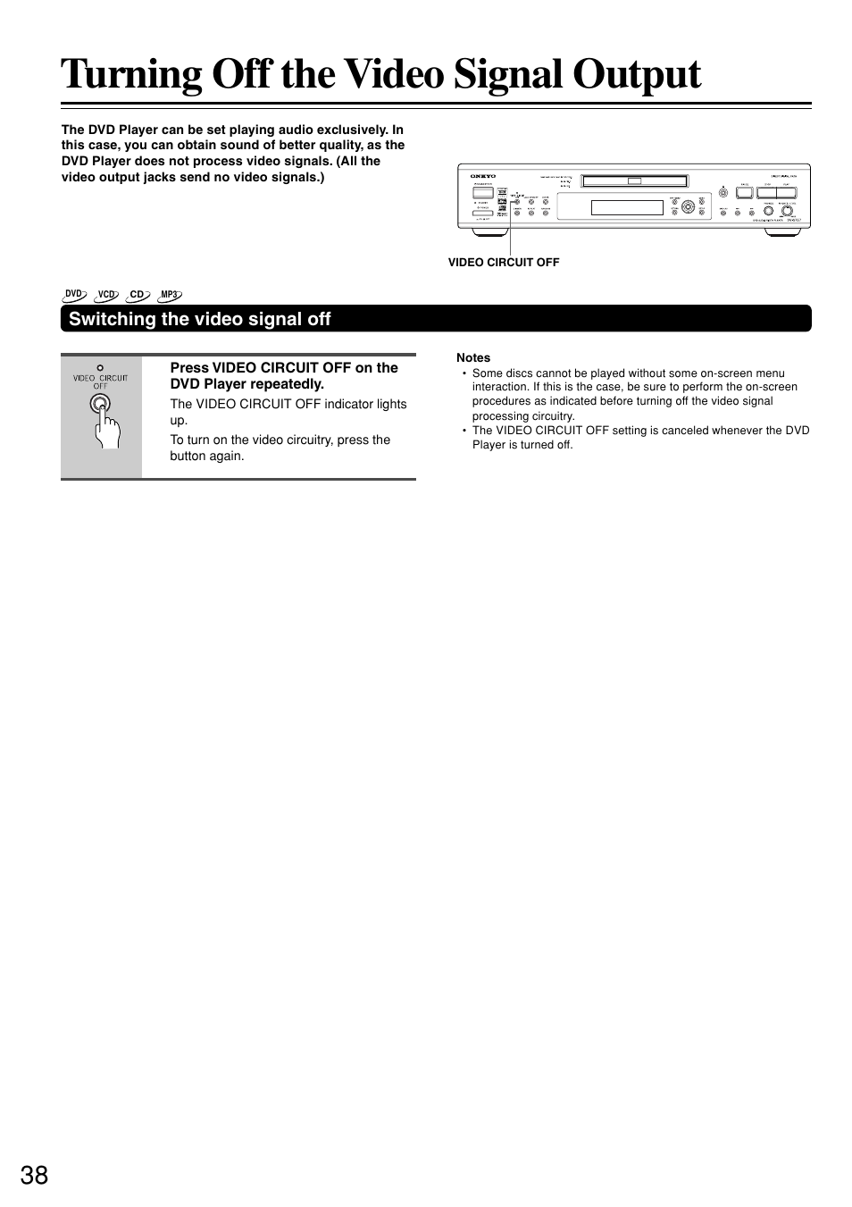 Turning off the video signal output, Switching the video signal off | Onkyo DV-S757 User Manual | Page 38 / 64