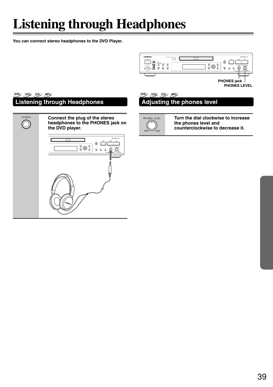 Listening through headphones, Adjusting the phones level | Onkyo DV-S757 User Manual | Page 39 / 64