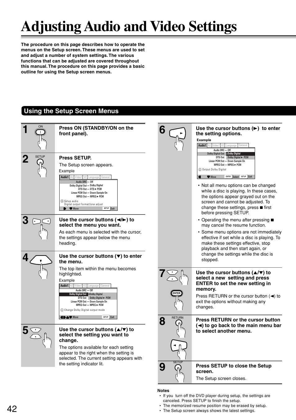 Adjusting audio and video settings, Using the setup screen menus | Onkyo DV-S757 User Manual | Page 42 / 64