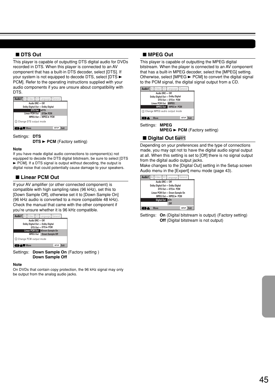 Dts out, Mpeg out, Digital out | Linear pcm out | Onkyo DV-S757 User Manual | Page 45 / 64