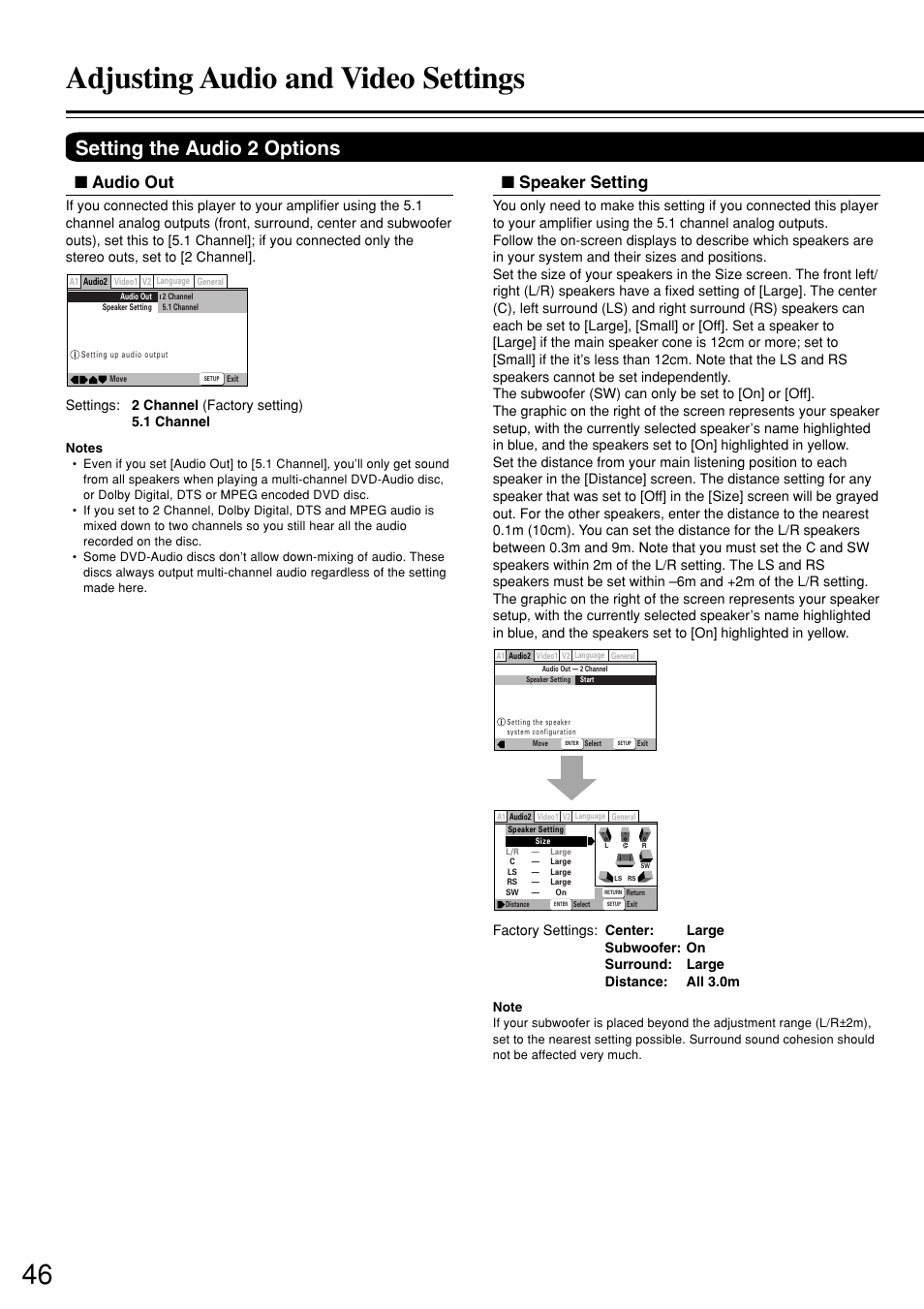 Adjusting audio and video settings, Setting the audio 2 options, Audio out | Speaker setting | Onkyo DV-S757 User Manual | Page 46 / 64