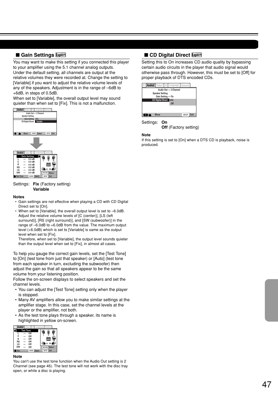 Gain settings, Cd digital direct, Settings: fix (factory setting) variable | Settings: on off (factory setting) | Onkyo DV-S757 User Manual | Page 47 / 64