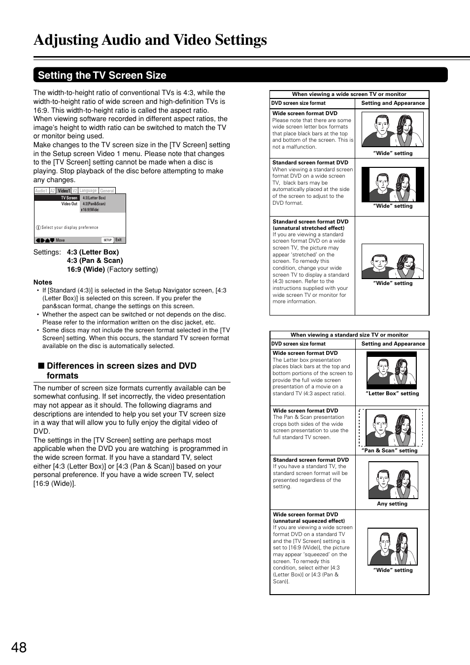 Adjusting audio and video settings, Setting the tv screen size, Differences in screen sizes and dvd formats | Onkyo DV-S757 User Manual | Page 48 / 64