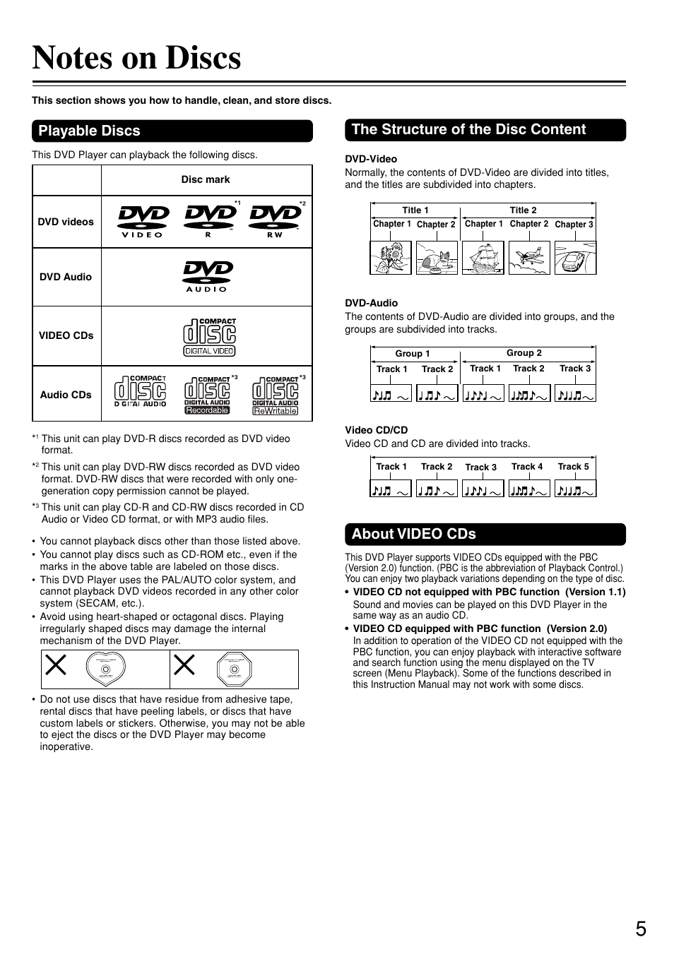 Playable discs, About video cds, The structure of the disc content | Onkyo DV-S757 User Manual | Page 5 / 64